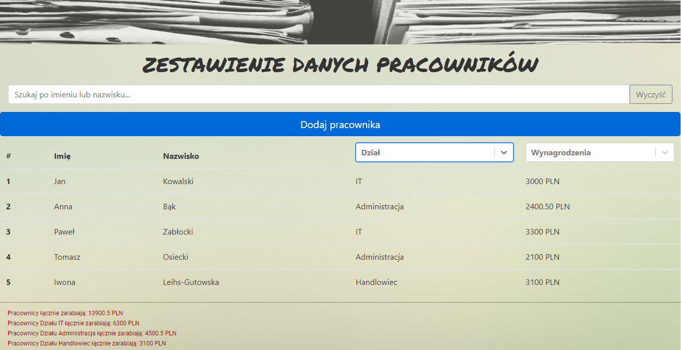 portfolio - baza danych pracowników